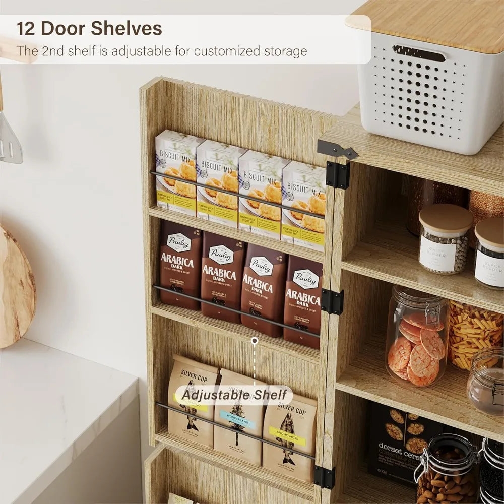 Adjustable Shelves Tall Flute Design Wood Pantry Cabinet with 12 Door Organizers and Double Carved Accents for Storage Solutions