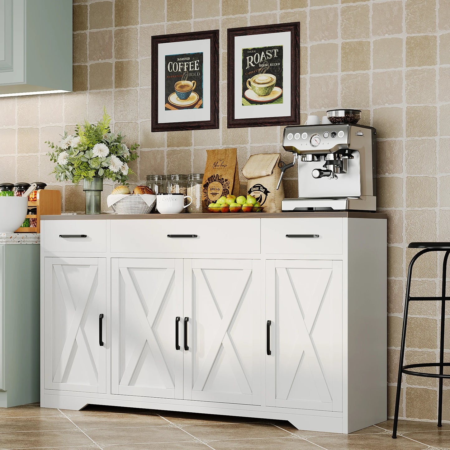 Farmhouse Buffet Sideboard Cabinet With 3 Drawers And 4 Doors For Dining Room Storage