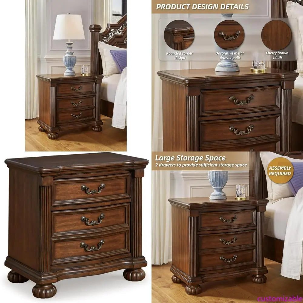 Classic Nightstand With Two Drawers Wooden Furniture Made In USA
