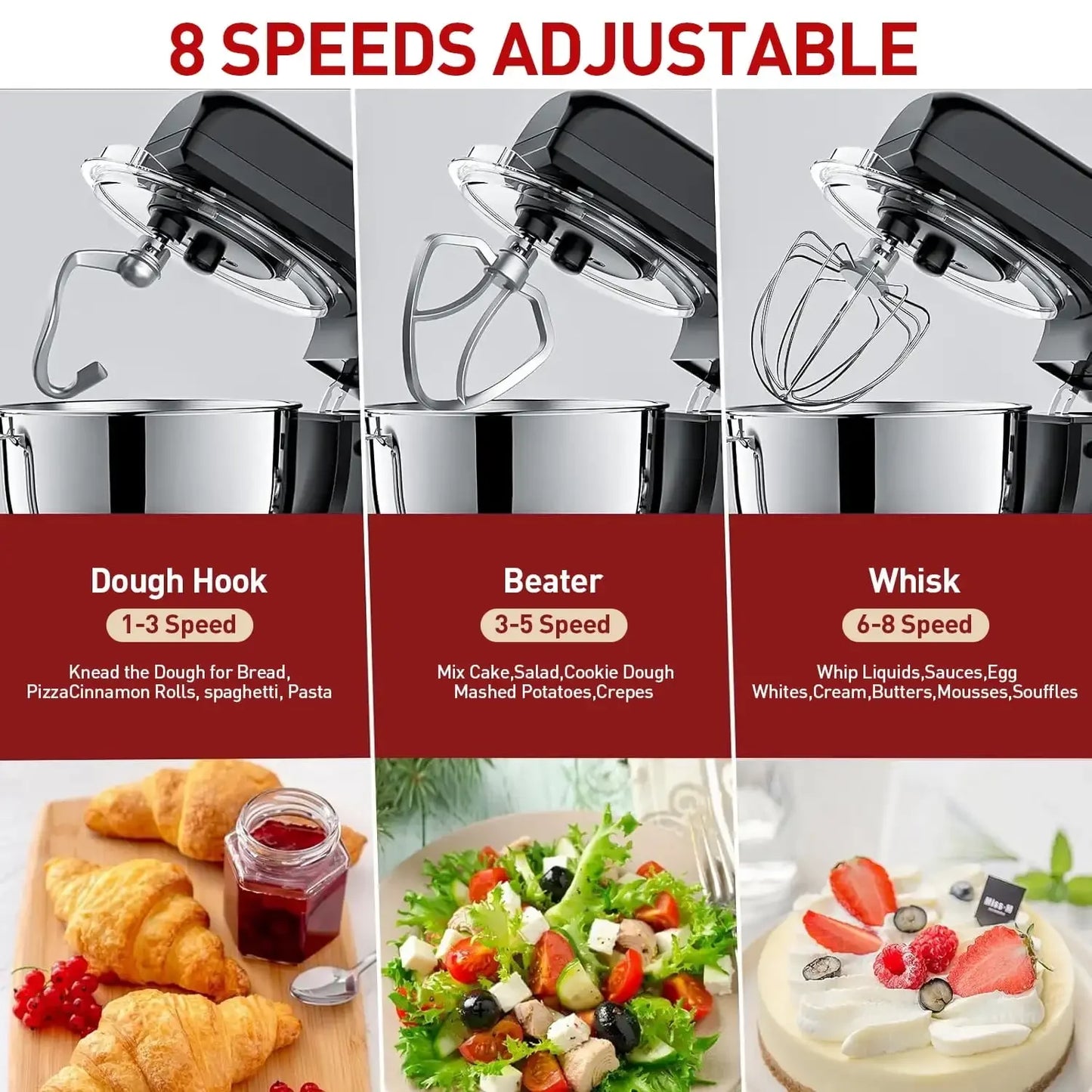 5.3Qt Kitchen Stand Mixer, 8 Speeds Electric Mixer for Sugar Frosting, Meringue Frosting, Food Mixer for Baking, Cake