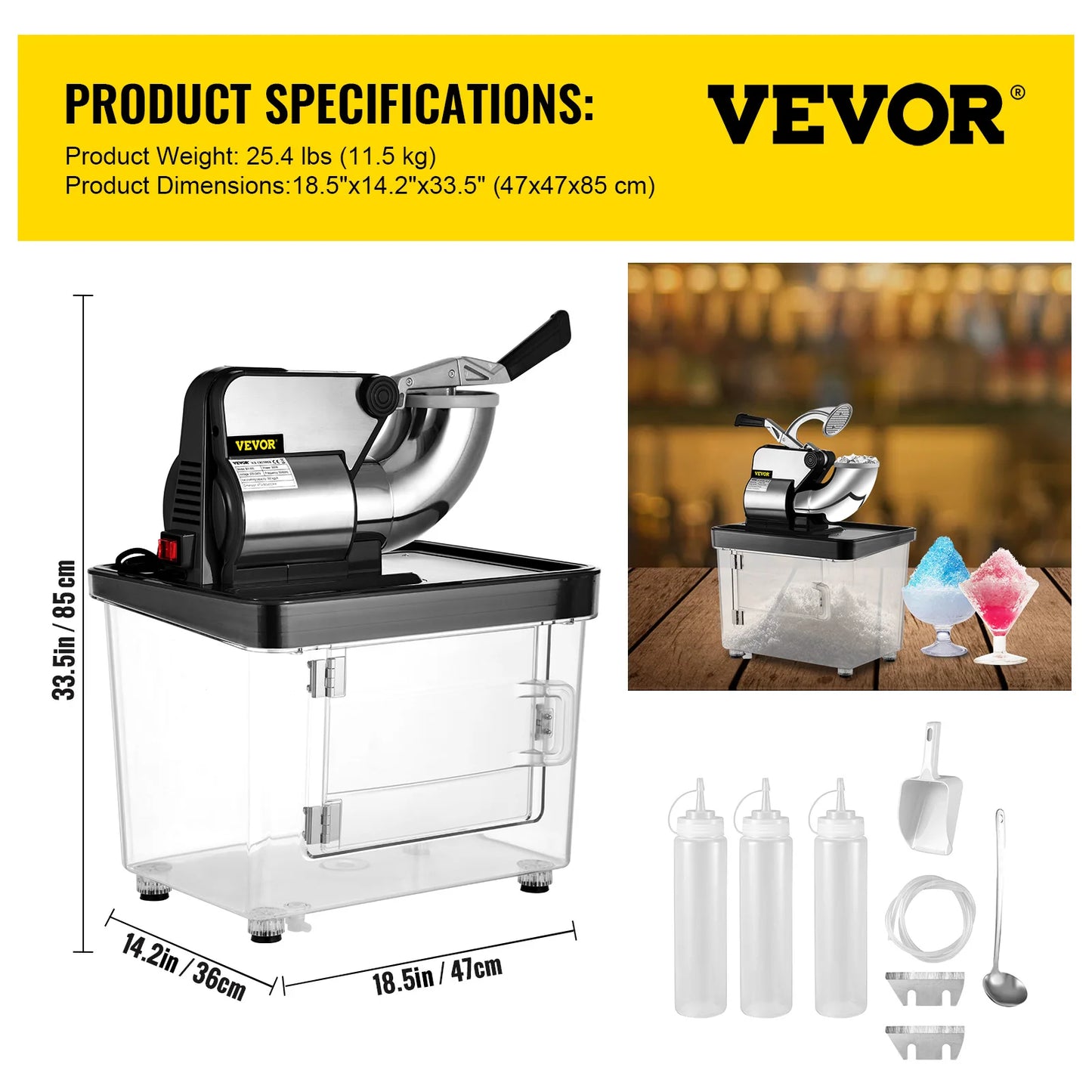 SucceBuy Electric Snow Cone Machine Ice Shaver Crusher Granizing Glass Blender Mixer Chopper Stainless Steel Colder Commercial