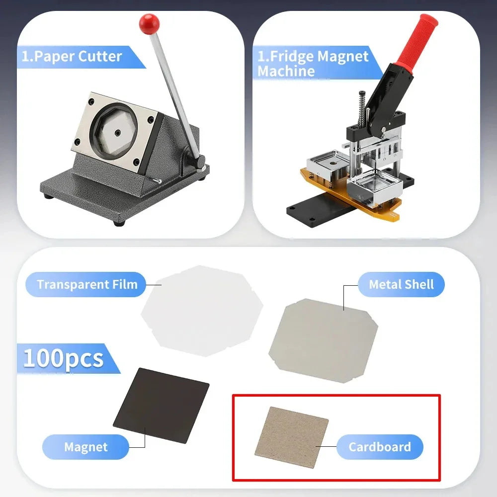 2*2" 2.5x2.5" Fridge Magnet Button Making Machine, 50*50mm Square Refrigerator Magnets Maker Machine+Cutter+100pcs Materials Set