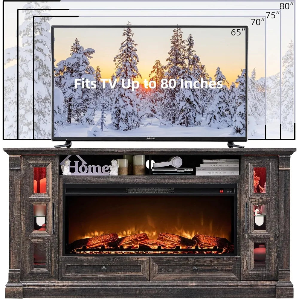 OKD TV Stand With Electric Fireplace Farmhouse Entertainment Center Glass TV Console