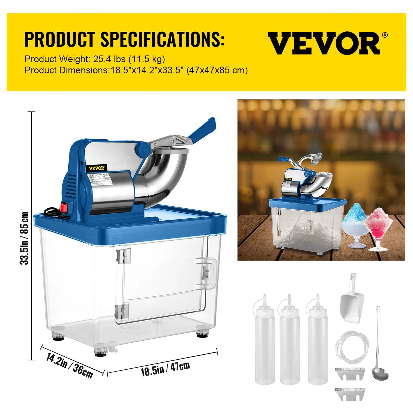 SucceBuy Electric Snow Cone Machine Ice Shaver Crusher Granizing Glass Blender Mixer Chopper Stainless Steel Colder Commercial