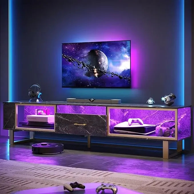80 Inch TV Stand for 65/75/85/90 Inch TVs, Modern LED Entertainment Center for PS5 with Open Storage and Drawer, High Gloss Medi