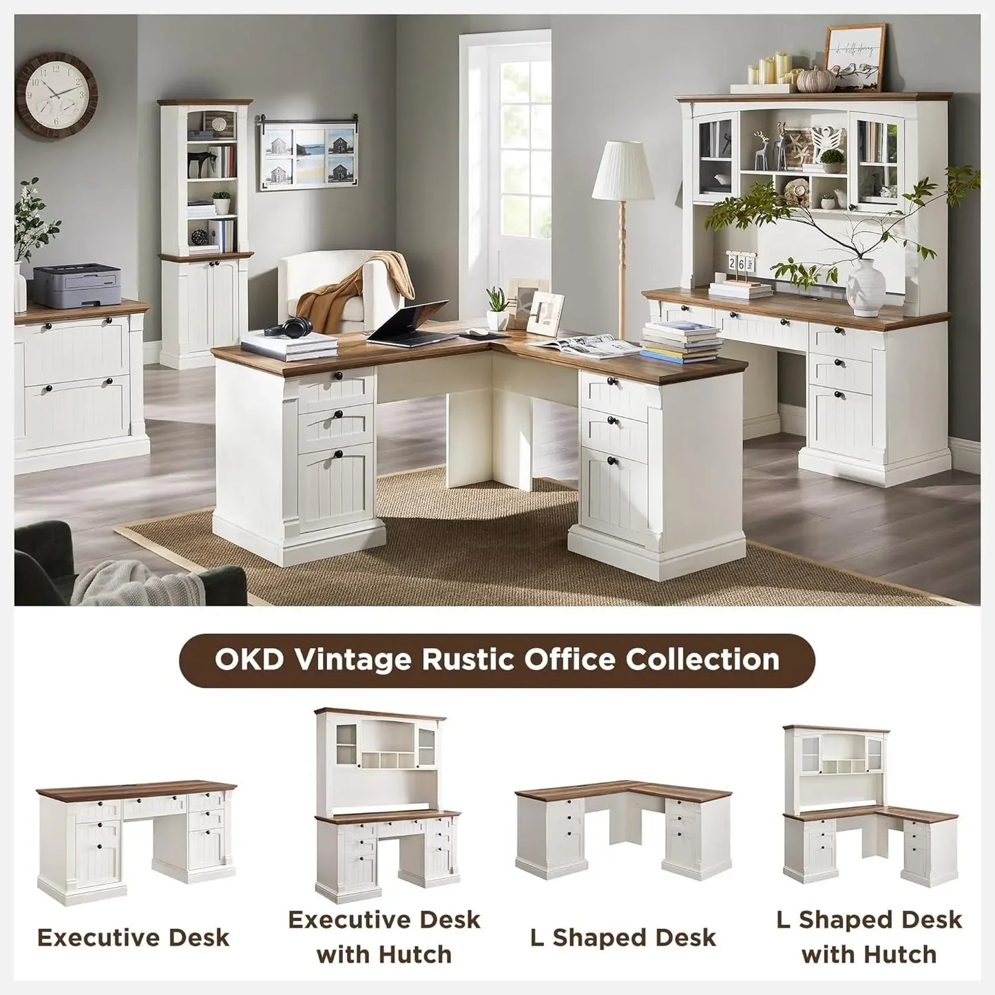 XMSJ L Shaped Desk With Hutch And File Cabinet Storage