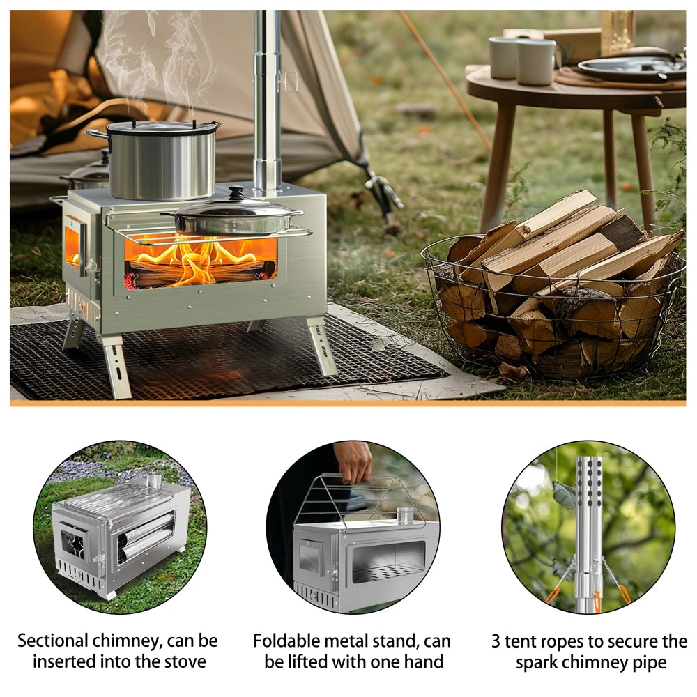 Stainless Steel Wood Burning Tent Stove With Seven Chimney Pipes
