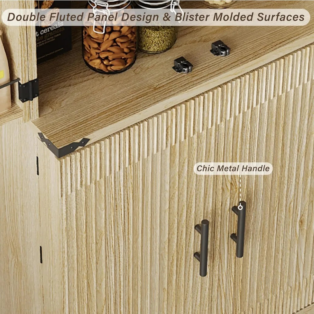 Adjustable Shelves Tall Flute Design Wood Pantry Cabinet with 12 Door Organizers and Double Carved Accents for Storage Solutions