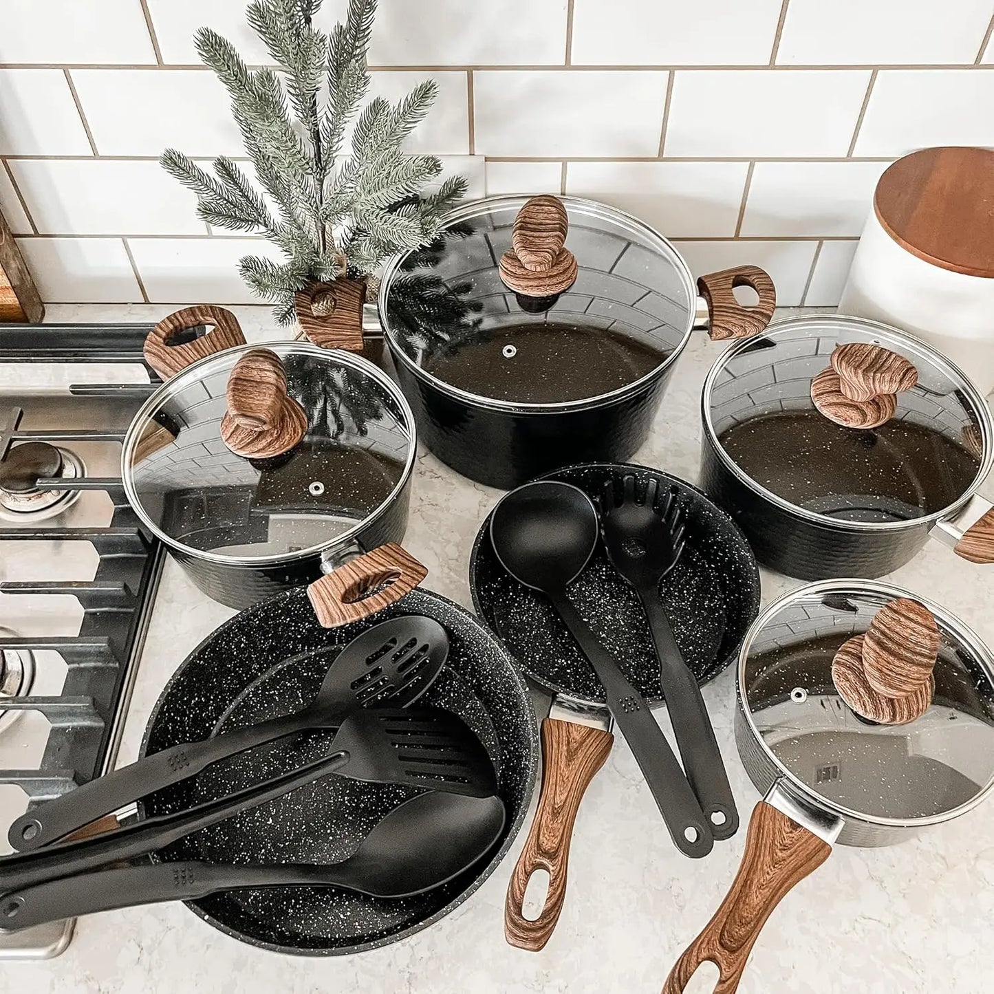 Pots And Pans Set Nonstick 15 Pcs Hammered Granite Induction