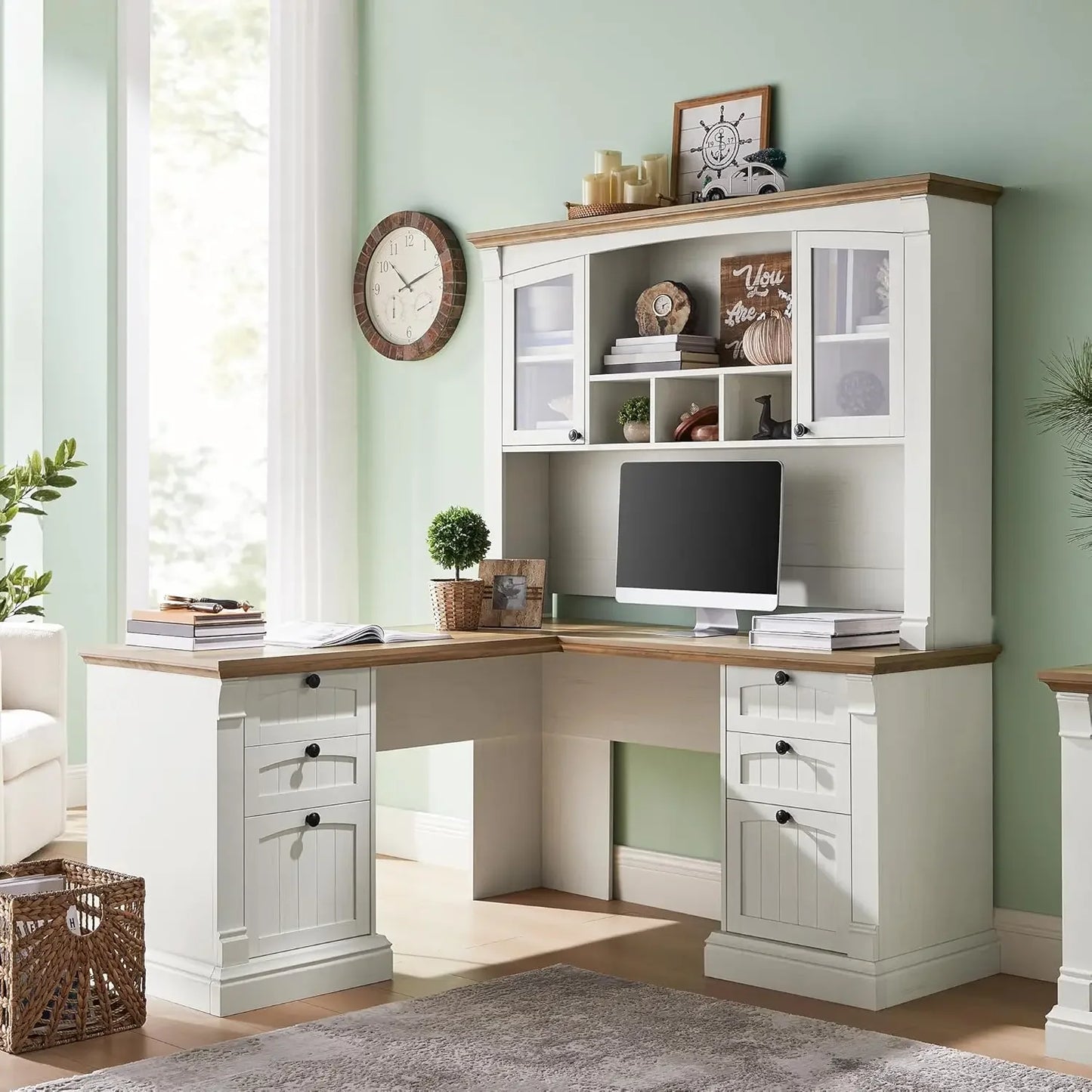XMSJ L Shaped Desk With Hutch And File Cabinet Storage