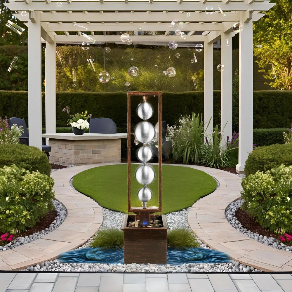Outdoor Water Fountain with Pump, Relaxing Stainless Steel Geometric Sphere Freestanding Waterfall Fountains Modern Home Decor
