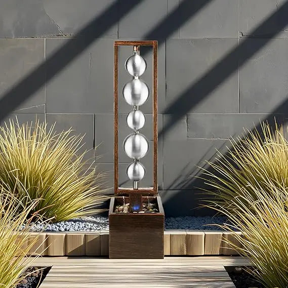 Outdoor Water Fountain with Pump, Relaxing Stainless Steel Geometric Sphere Freestanding Waterfall Fountains Modern Home Decor