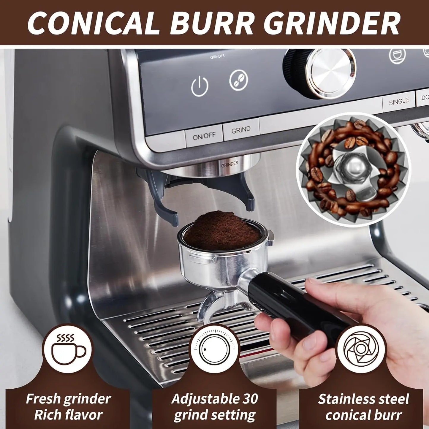 Acekool Espresso Machine With IndustrialStrength Burr Grinder And Premium Frother