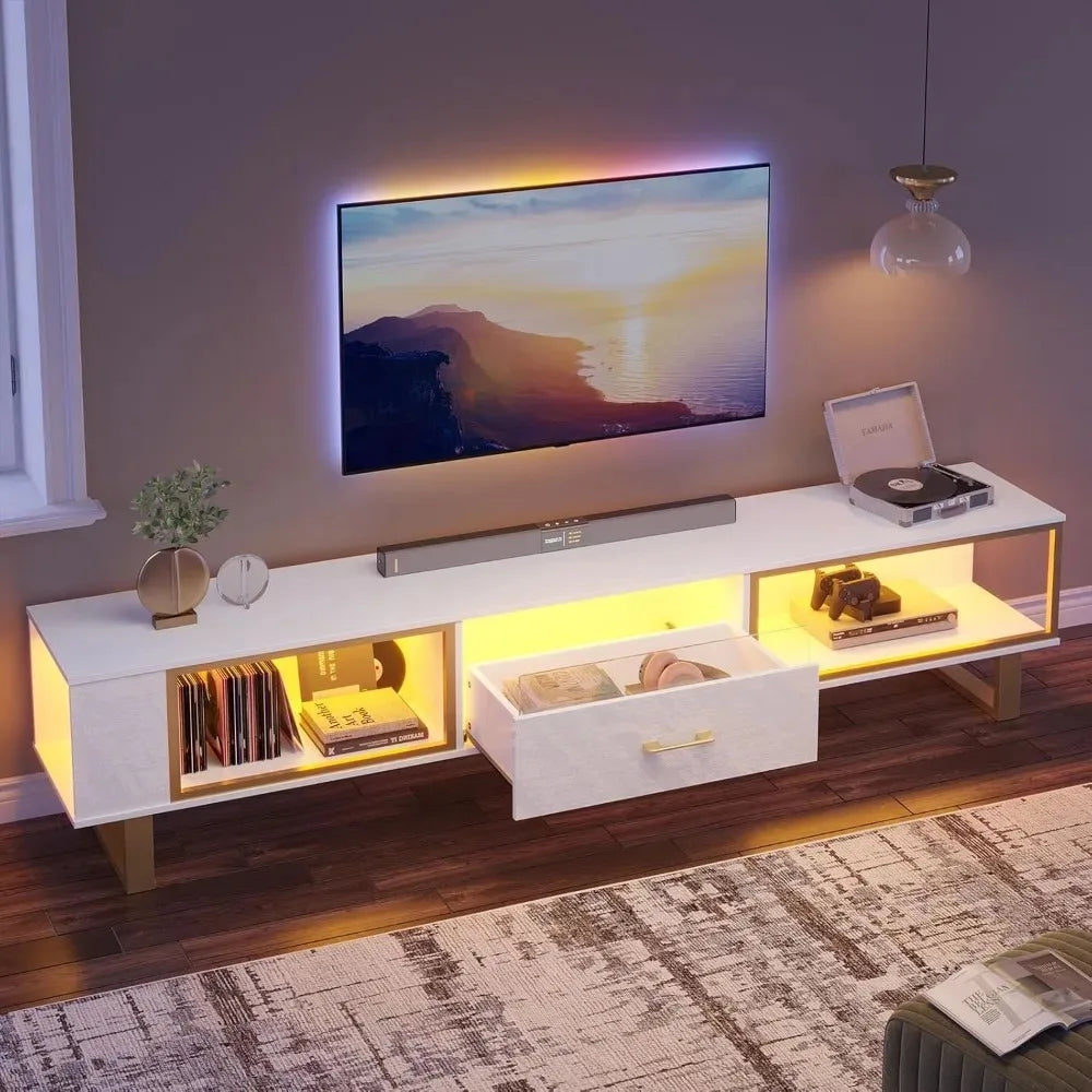 80 Inch TV Stand for 65/75/85/90 Inch TVs, Modern LED Entertainment Center for PS5 with Open Storage and Drawer, High Gloss Medi
