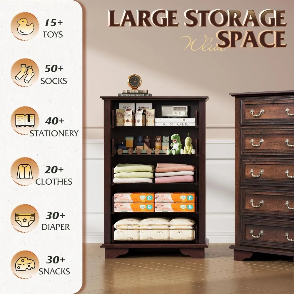Farmhouse Dresser for Bedroom, Tall Wood Dresser with 5 Drawer, Chest of Drawers with Roman Metal Handle for Living Room