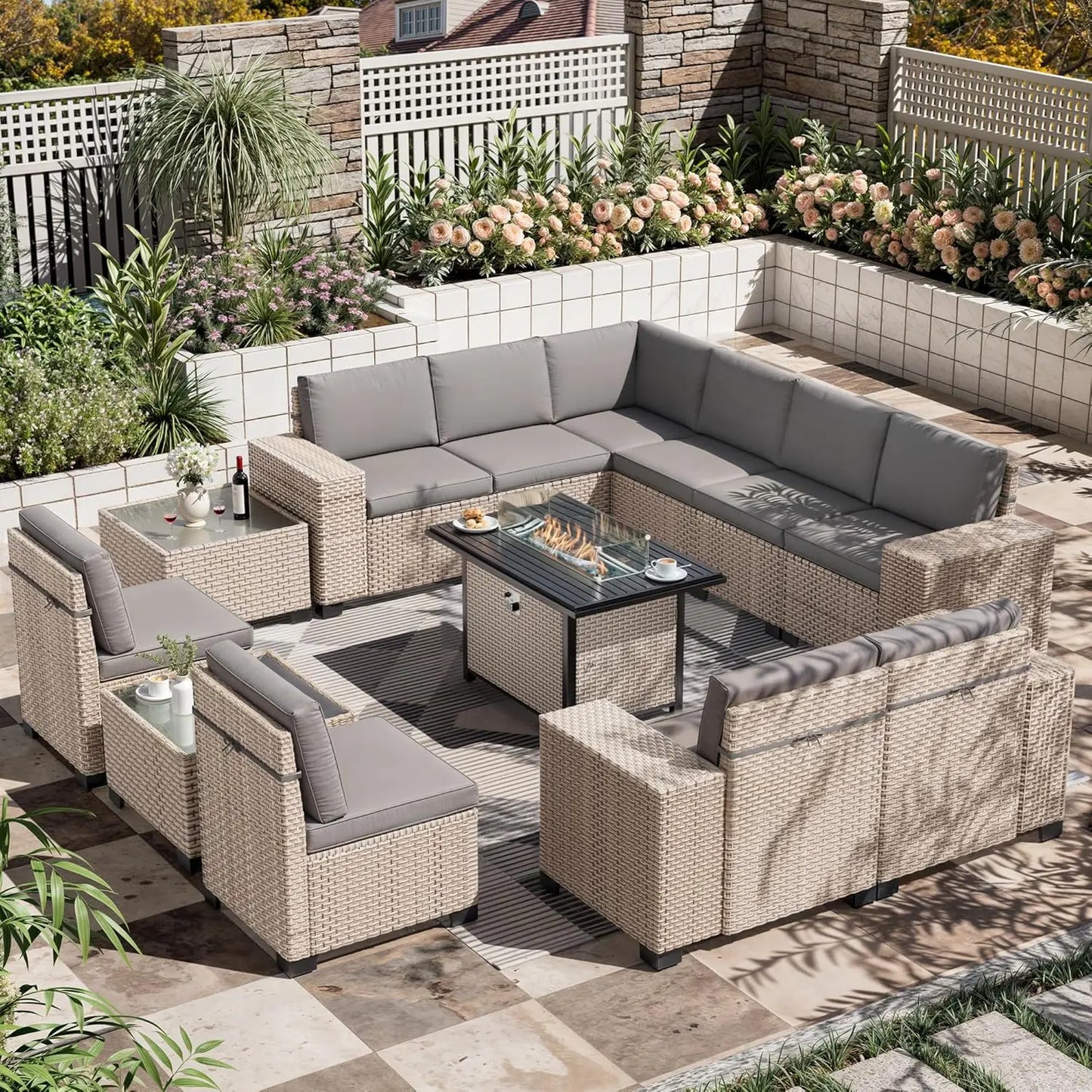 Thirteen Piece Outdoor Patio Wicker Furniture Set High Back Rattan