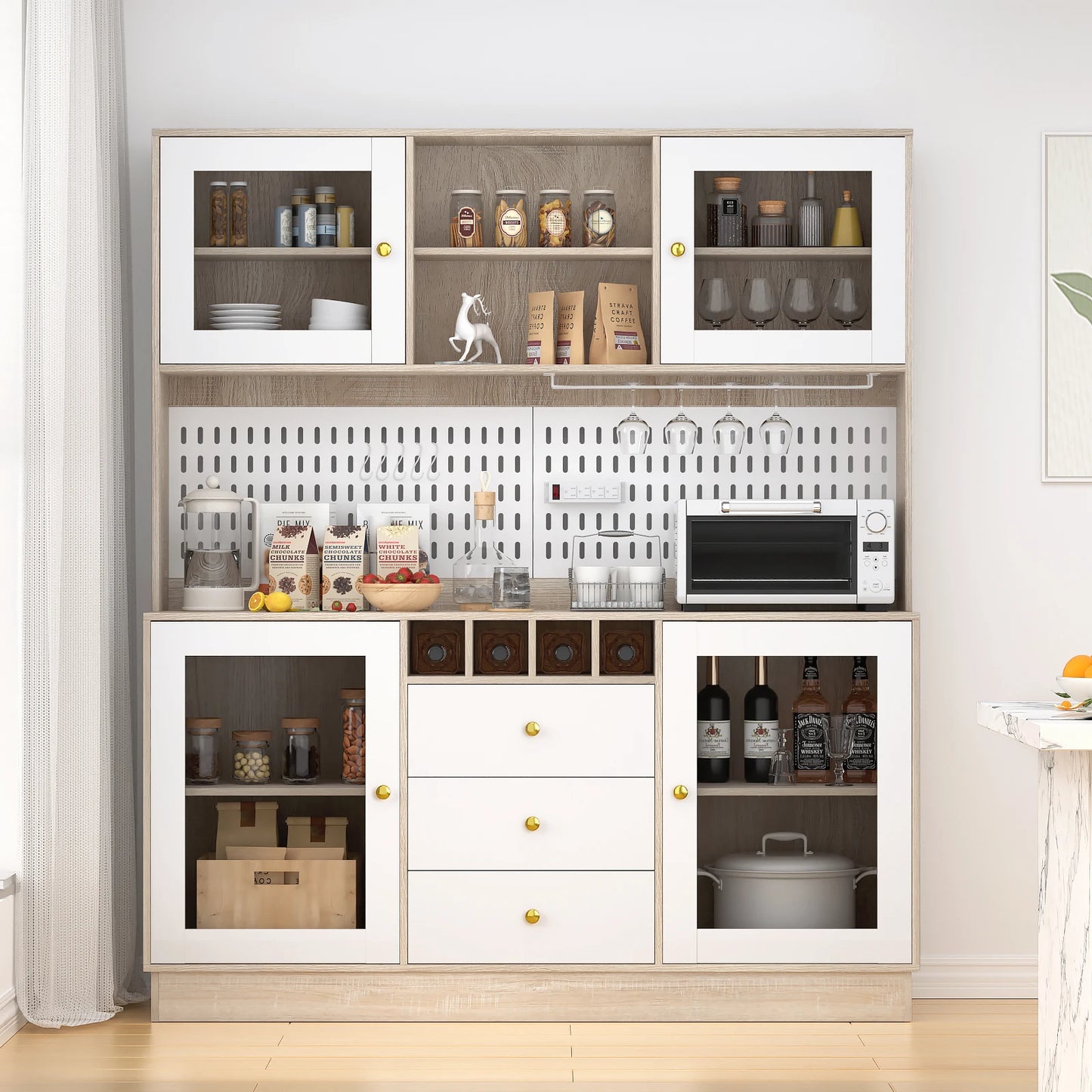VOWNER Pantry Cabinet Freestanding Kitchen Storage Hutch With Pegboard