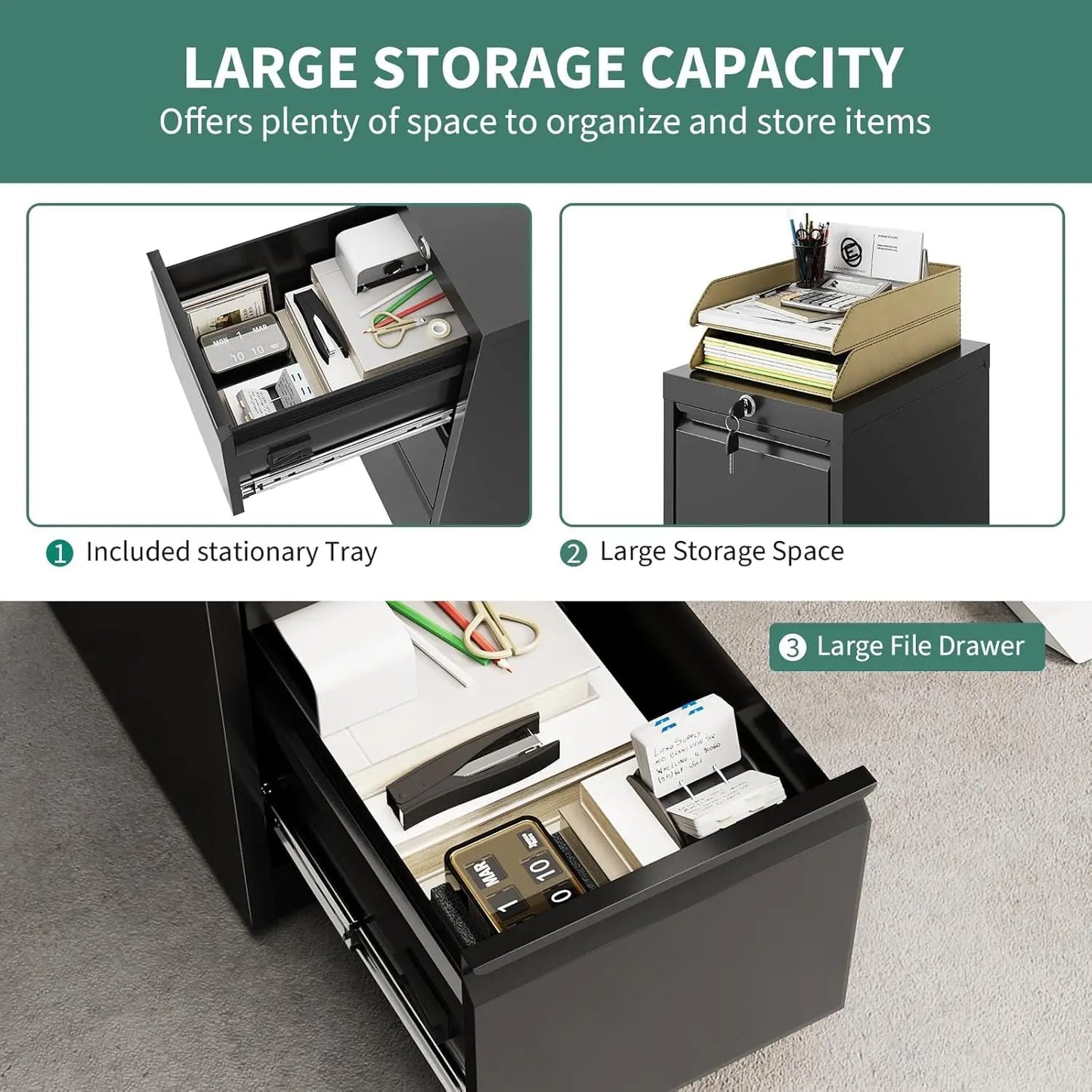 Lateral File Cabinet 3 Drawer, Metal Filing Cabinet with Lock & Keys, Fit Letter/Legal/A4 Size Documents, Easy to Assemble for H