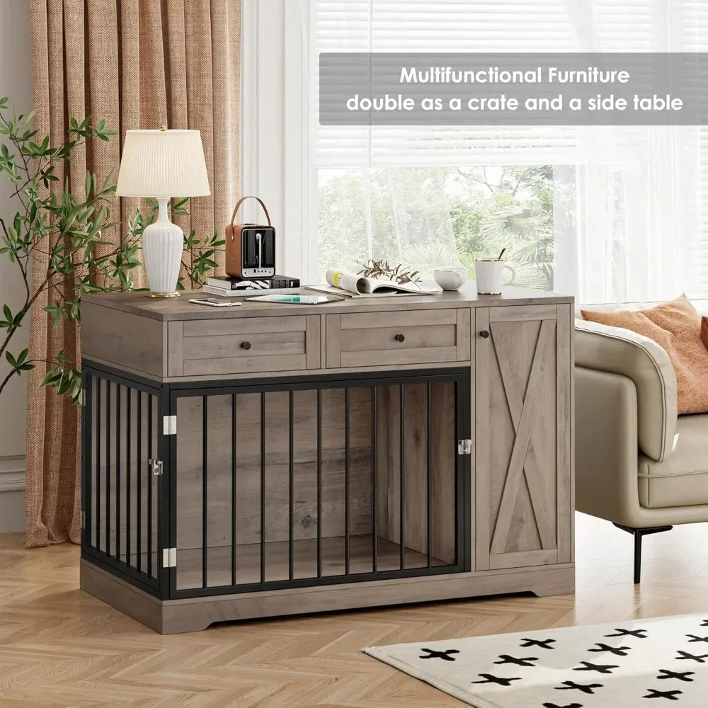 Premium Handcrafted SolidWood Construction Dog Crate Furniture 2in1 Drawers Farmhouse
