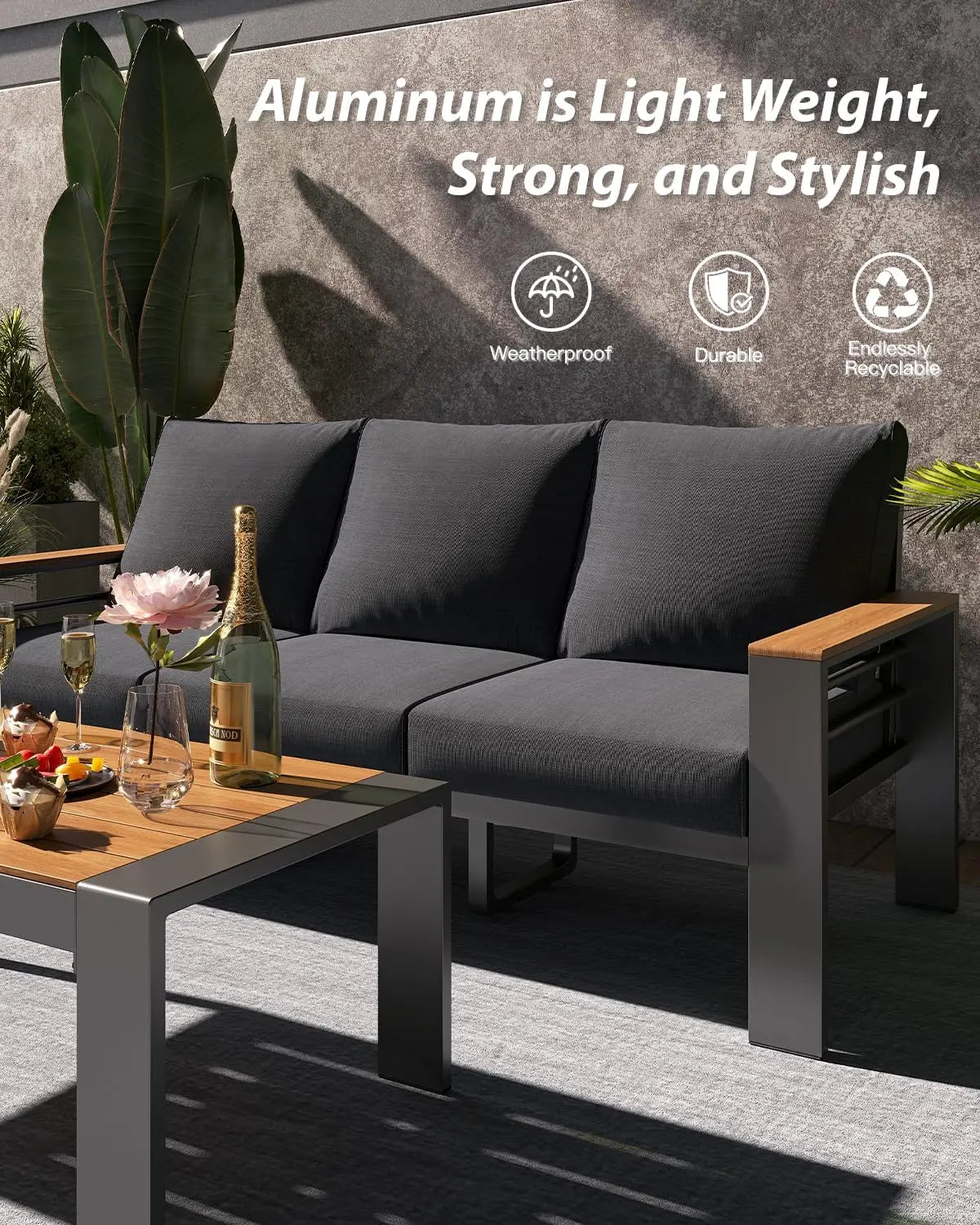 Aluminum Outdoor Patio Furniture Set With Coffee Table, Modern Style