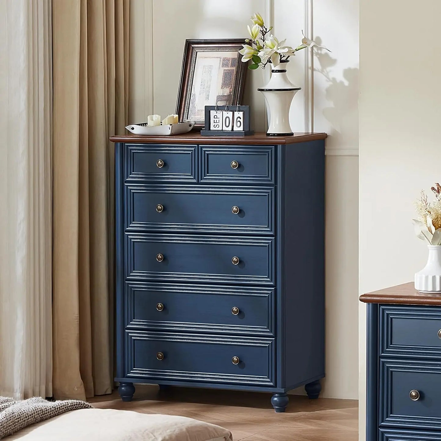 Farmhouse Dresser 6-Drawer Rustic Wood Chest With Metal Handles Bamboo Construction For Bedroom Storage