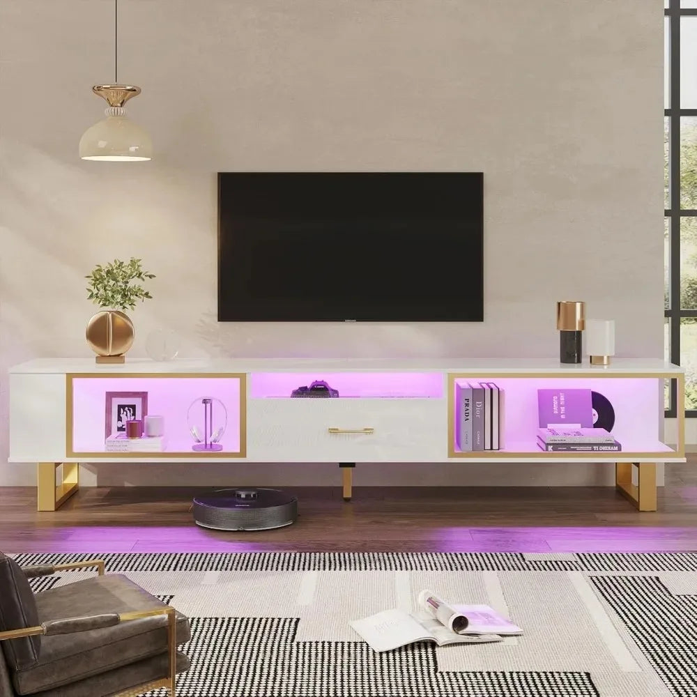 80 Inch TV Stand for 65/75/85/90 Inch TVs, Modern LED Entertainment Center for PS5 with Open Storage and Drawer, High Gloss Medi