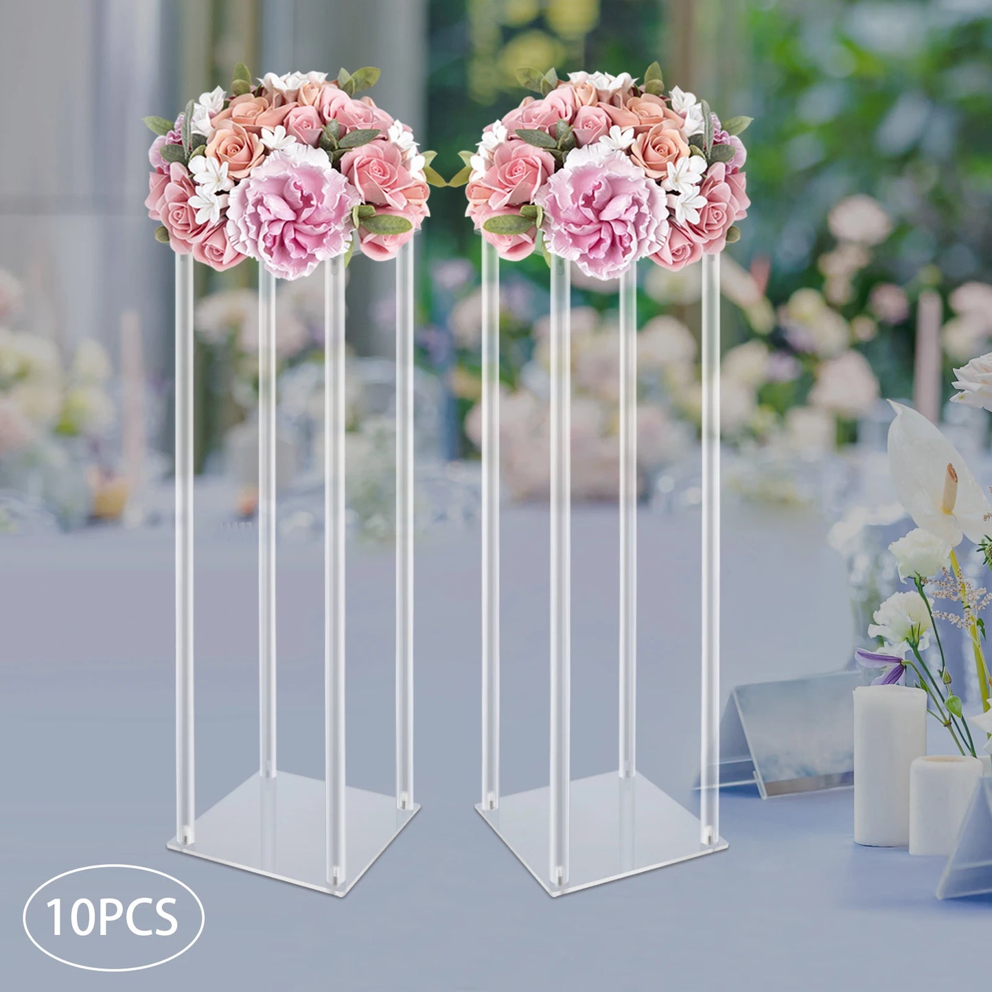 10Pcs Acrylic Vase Wedding Flower Stands Set, 23.6"H Clear Column Rack Geometric Display Stand for Home Party Wedding Decor