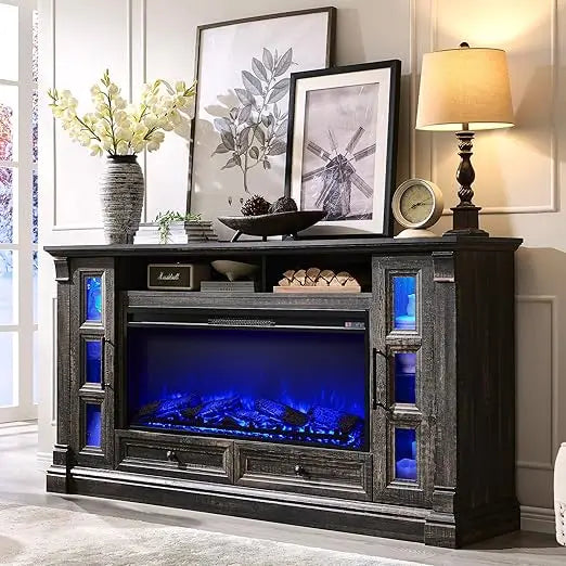 OKD TV Stand With Electric Fireplace Farmhouse Entertainment Center Glass TV Console