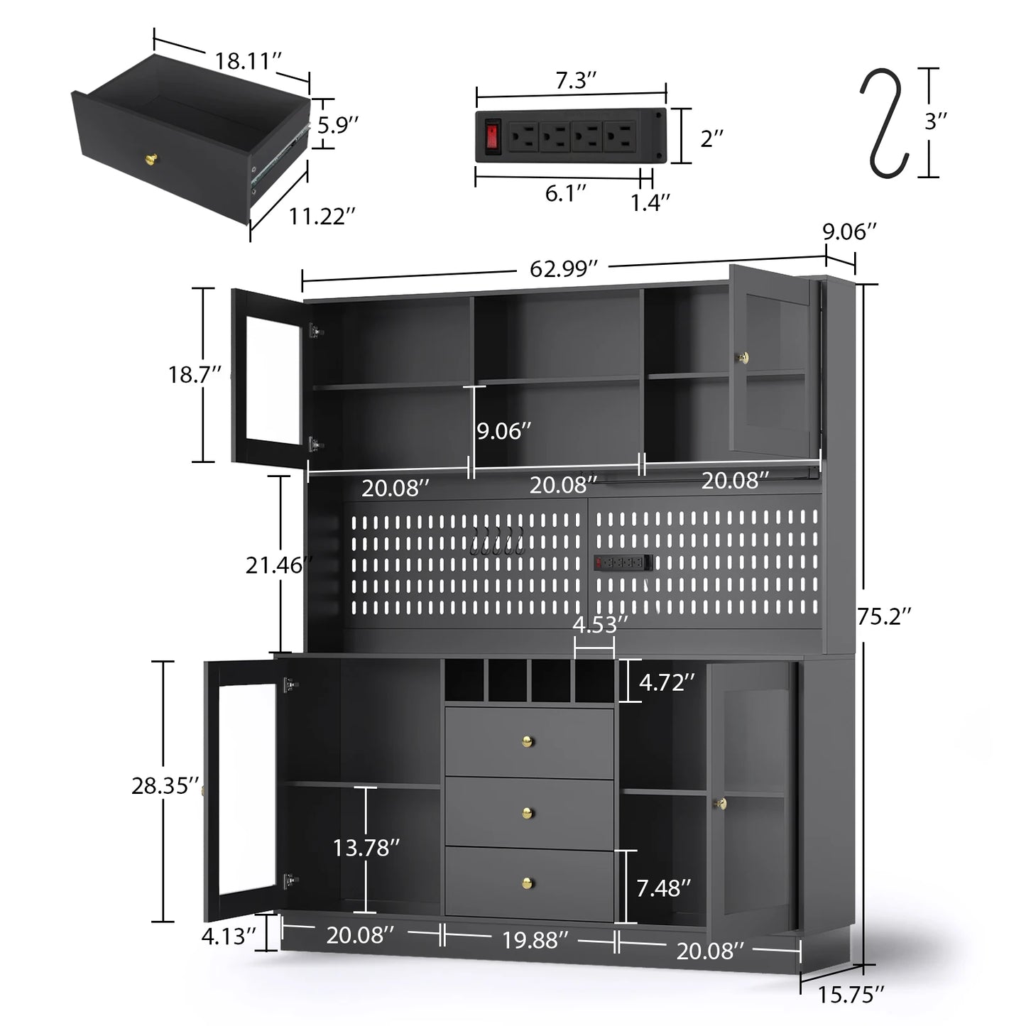 VOWNER Pantry Cabinet Freestanding Kitchen Storage Hutch With Pegboard