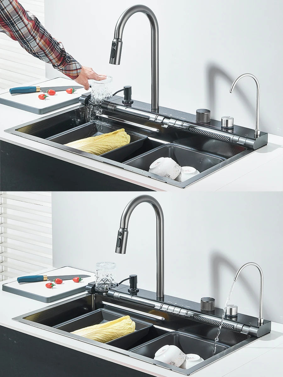 Quyanre 304 Stainless Steel Kitchen Sink Double Waterfall Faucet Set