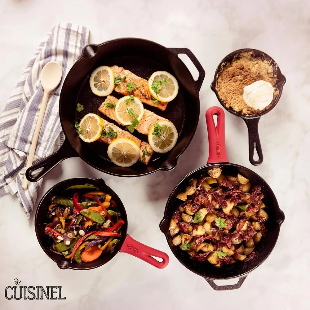 Premium Cast Iron Skillet Set FourPiece Preseasoned IndoorOutdoor Cooking Enthusiasts