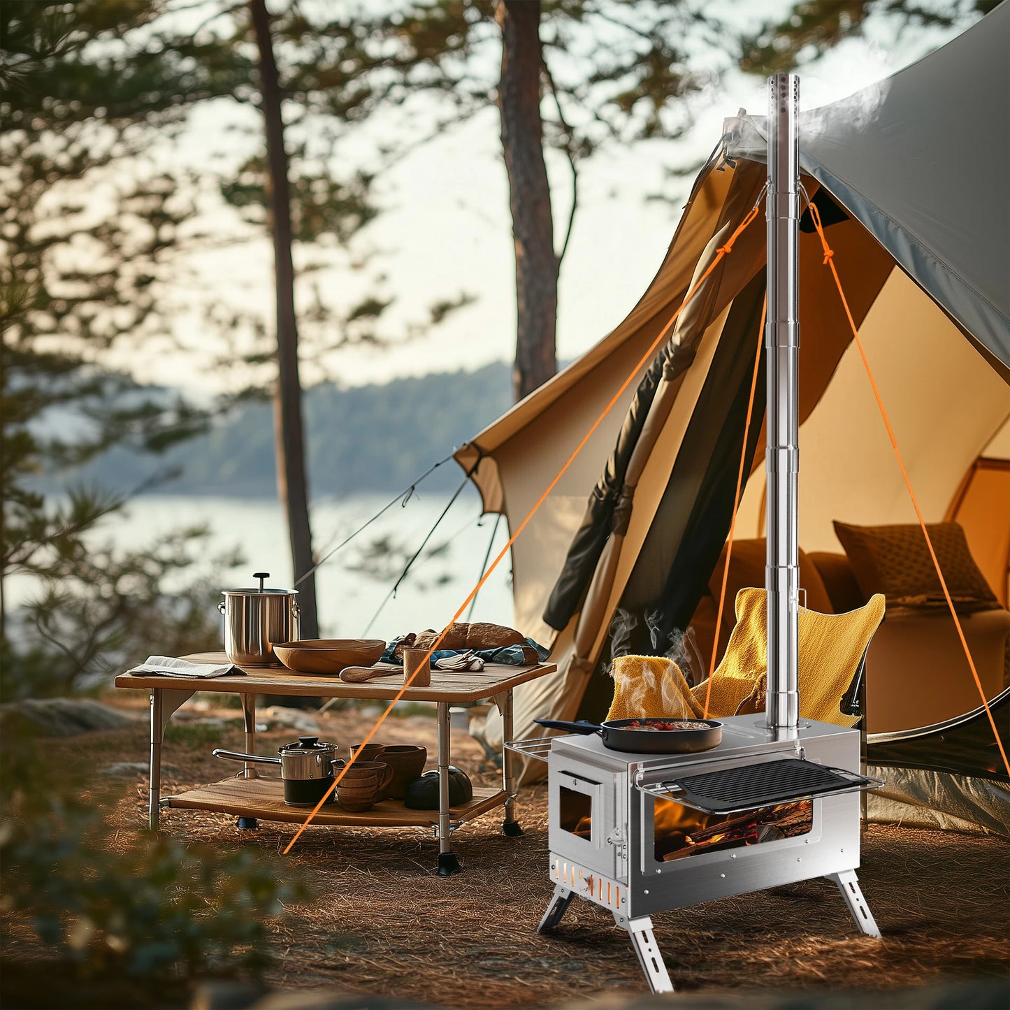 Portable Camping Wood Stove Stainless Steel Hot Tent Stove Burner With 7 Chimney Pipes