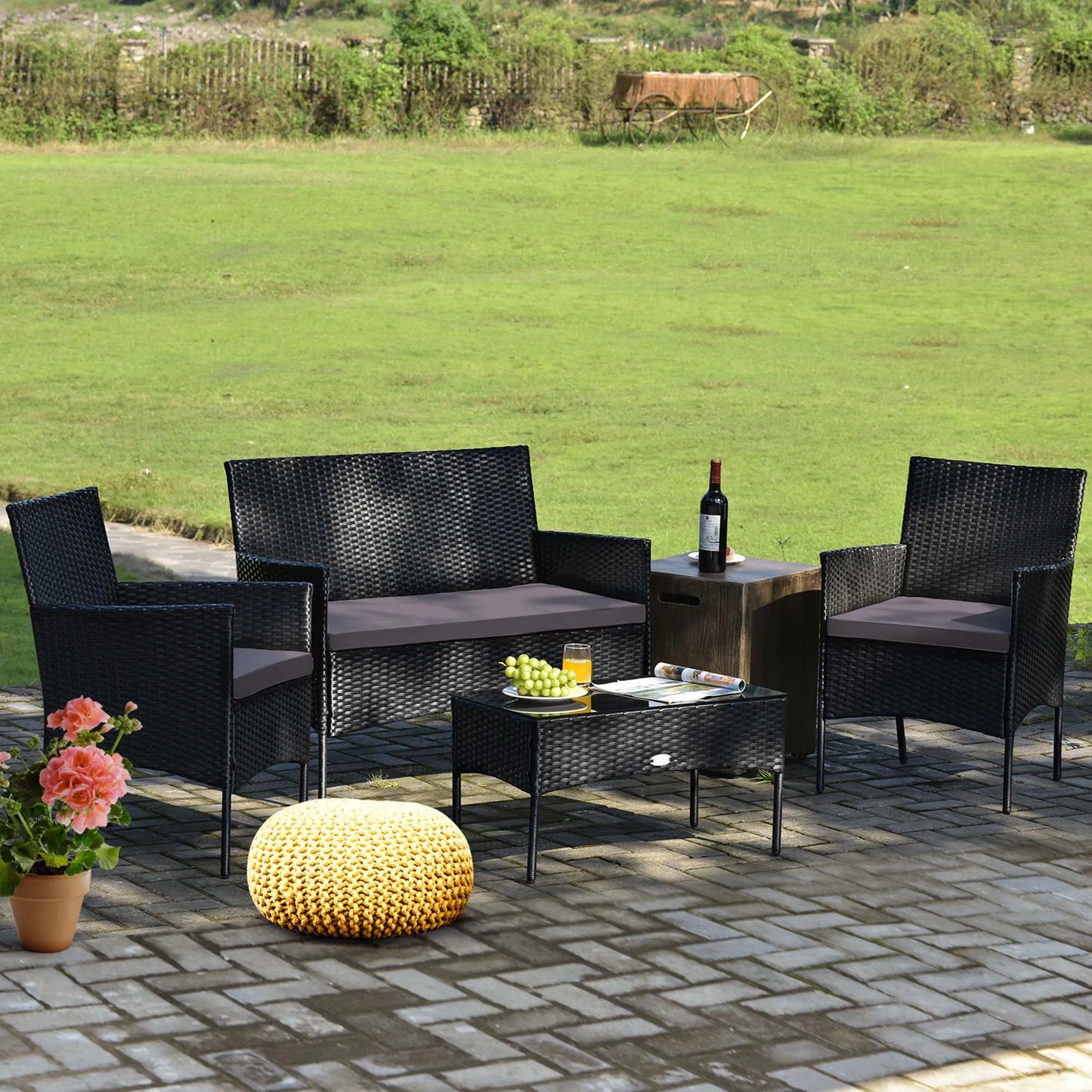 HOMASIS 4-Piece Patio Rattan Set Cushioned Sofa Coffee Table Backyard