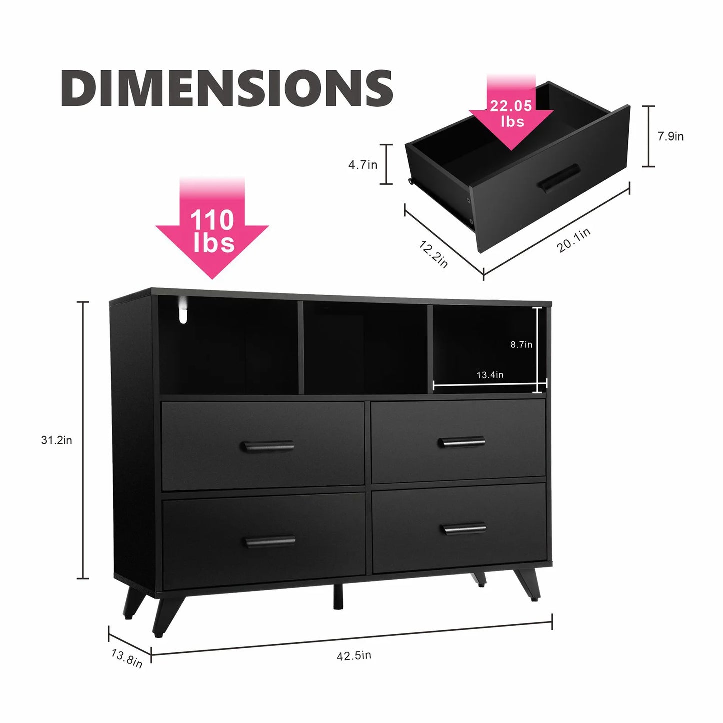 REDLIFE 4 Drawer Dresser for Bedroom Wood Furniture TV Stand w/ 3 Open Sheleves for Storage Closet & Living Room & Console Table
