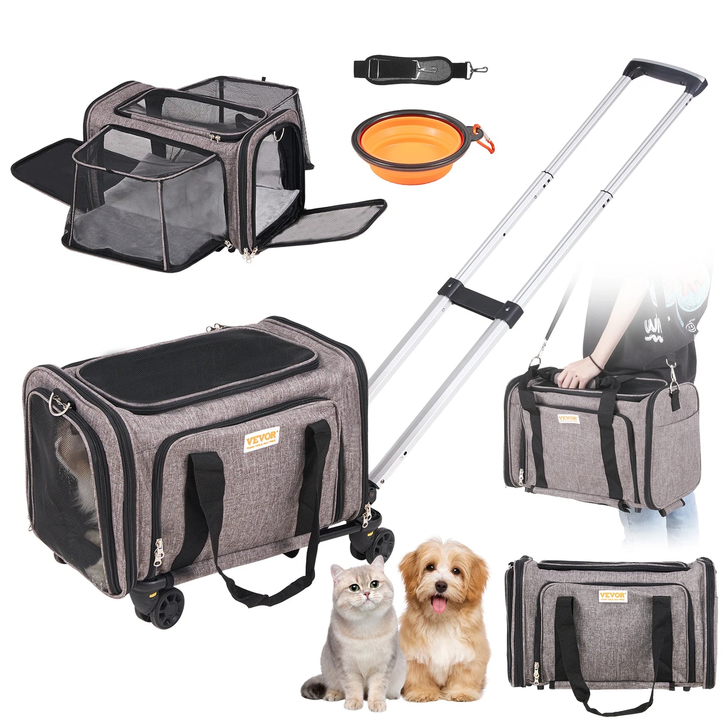 SucceBuy Pet Cat Carrier Breathable Outgoing Dog Carry Backpack with Telescopic Handle Wheels and Shoulder Strap for Travel Trip