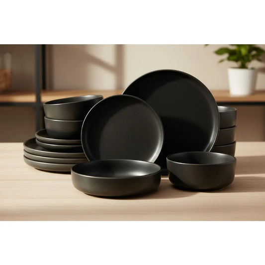 16-Piece Stoneware Dinnerware Set for 4, Reactive Glaze Plates & Bowls, Durable Ceramic Dishes - Black