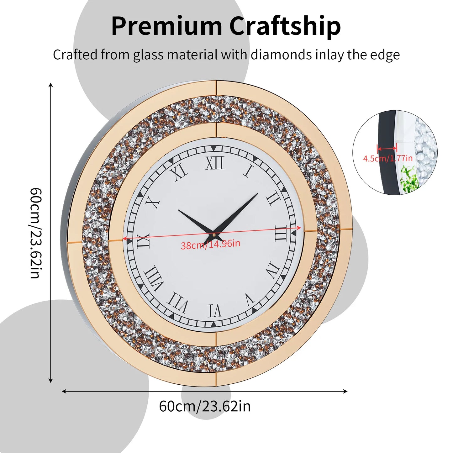 Bling Silver Round Mirror Clock For Glam Home Decor