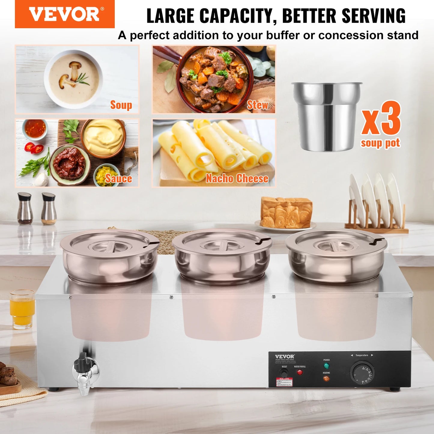 VEVOR Electric Soup Warmer Commercial Stainless Steel Round Pot Adjustable