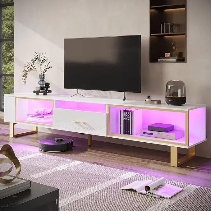 80 Inch TV Stand for 65/75/85/90 Inch TVs, Modern LED Entertainment Center for PS5 with Open Storage and Drawer, High Gloss Medi