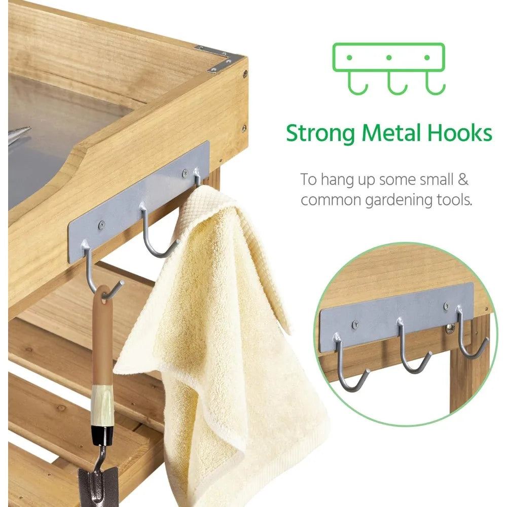 XIUWO Outdoor Garden Potting Bench With Bamboo Top And Shelf