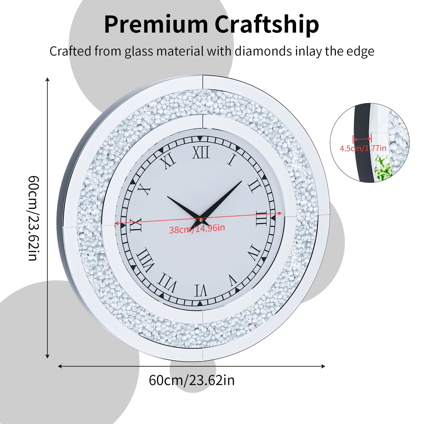 Bling Silver Round Mirror Clock For Glam Home Decor