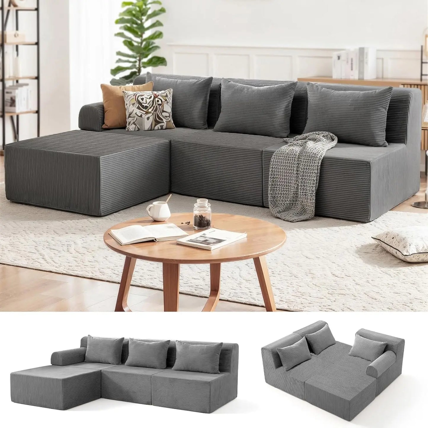93" Sectional Couches for Living Room, Modular Sectional Sofa, Cloud Couch with L-Shape Chaise, Boneless Couches, Comfy Corduroy