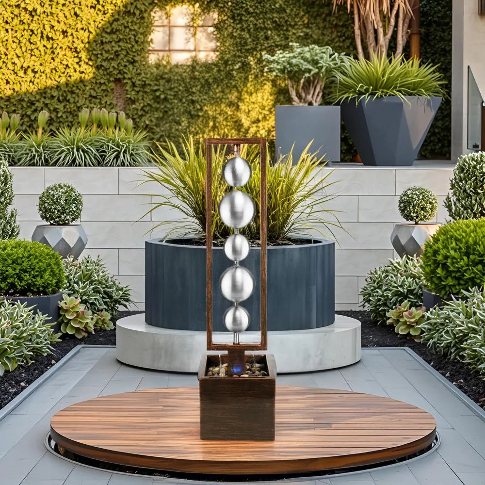 Outdoor Water Fountain with Pump, Relaxing Stainless Steel Geometric Sphere Freestanding Waterfall Fountains Modern Home Decor