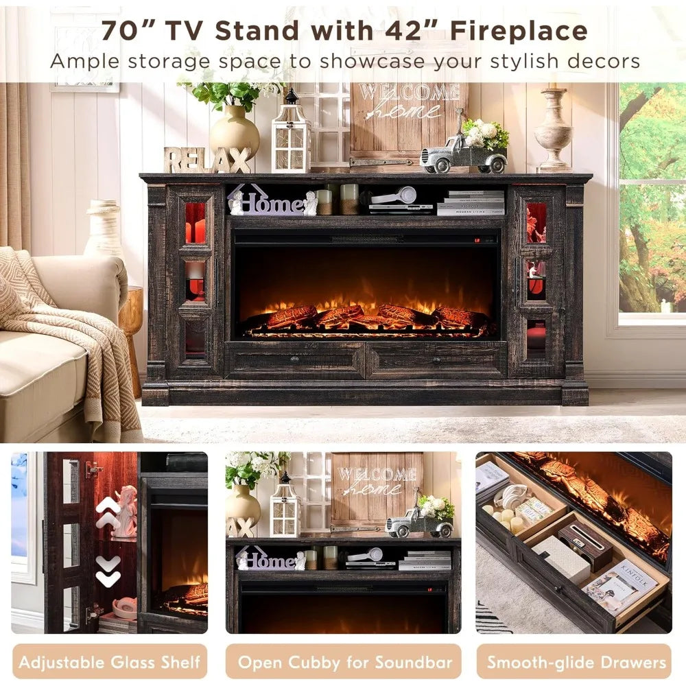 OKD TV Stand With Electric Fireplace Farmhouse Entertainment Center Glass TV Console