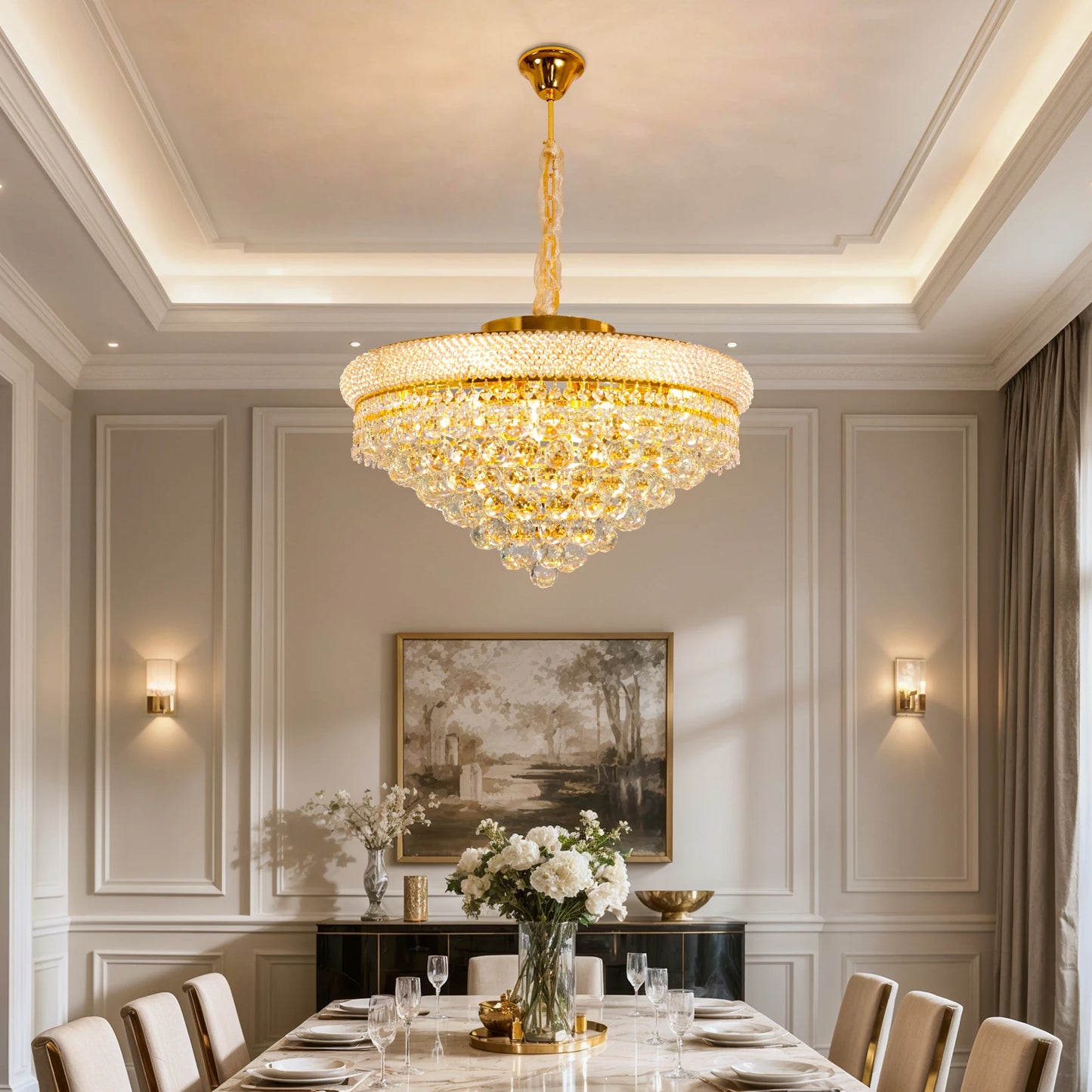 Luxury Round Gold Crystal Chandelier Pendant Light With Adjustable Chain