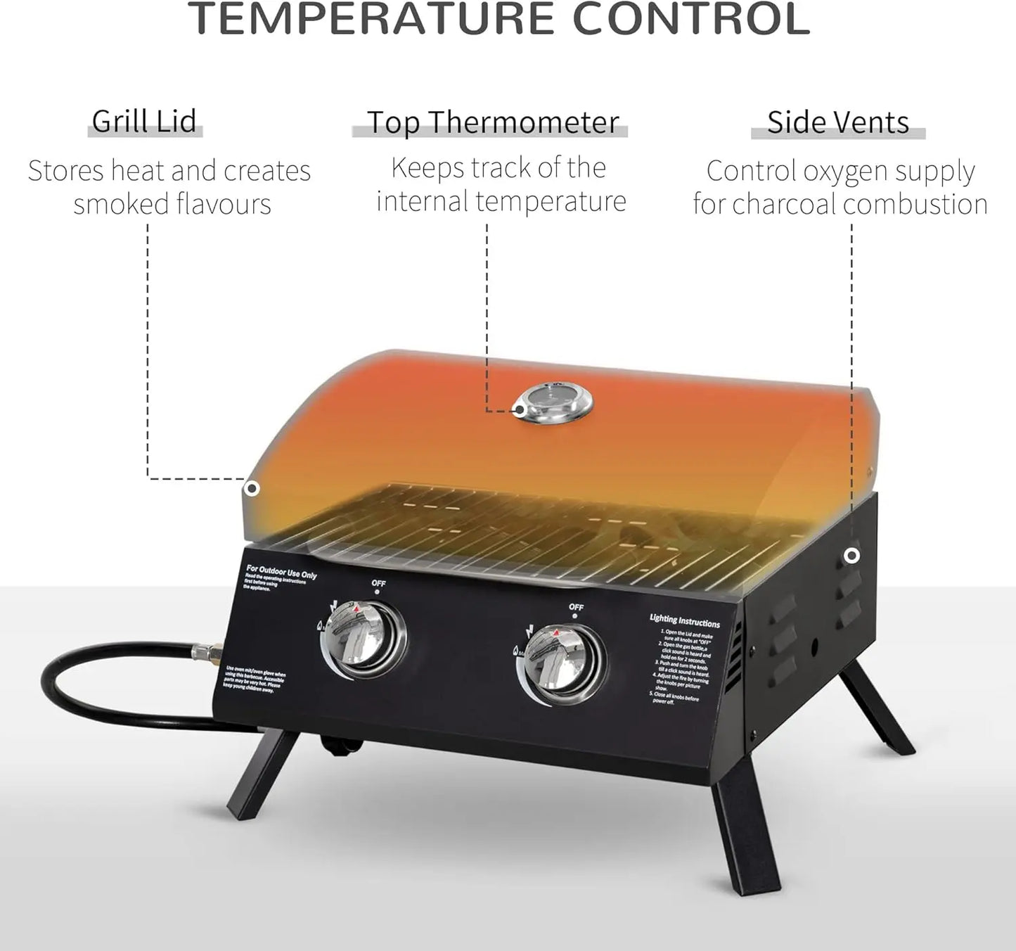 XMSJ Two Burner Propane Gas Grill Outdoor Portable Tabletop BBQ with Foldable Legs and Thermometer