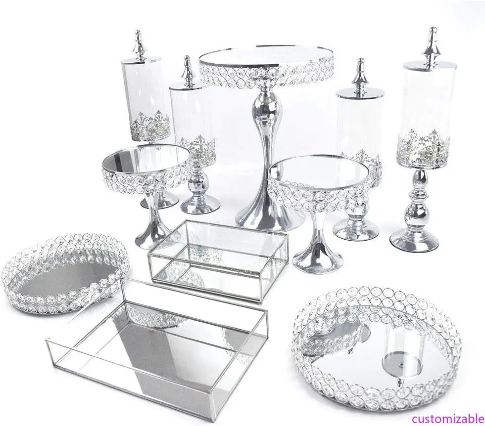 NEW Crystal Beaded Cake Stand Set of 11 Silver for Wedding Dessert Table Metal Cupcake Stand&Mirrored Top Pastry Candy Display
