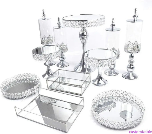 NEW Crystal Beaded Cake Stand Set of 11 Silver for Wedding Dessert Table Metal Cupcake Stand&Mirrored Top Pastry Candy Display