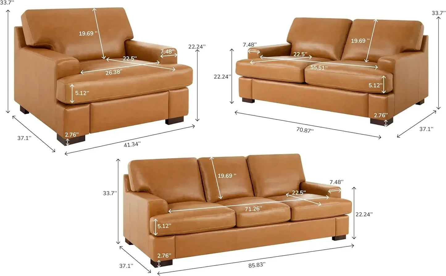 Siggy Genuine Leather Sofa Set of 3 with Feather Cushions