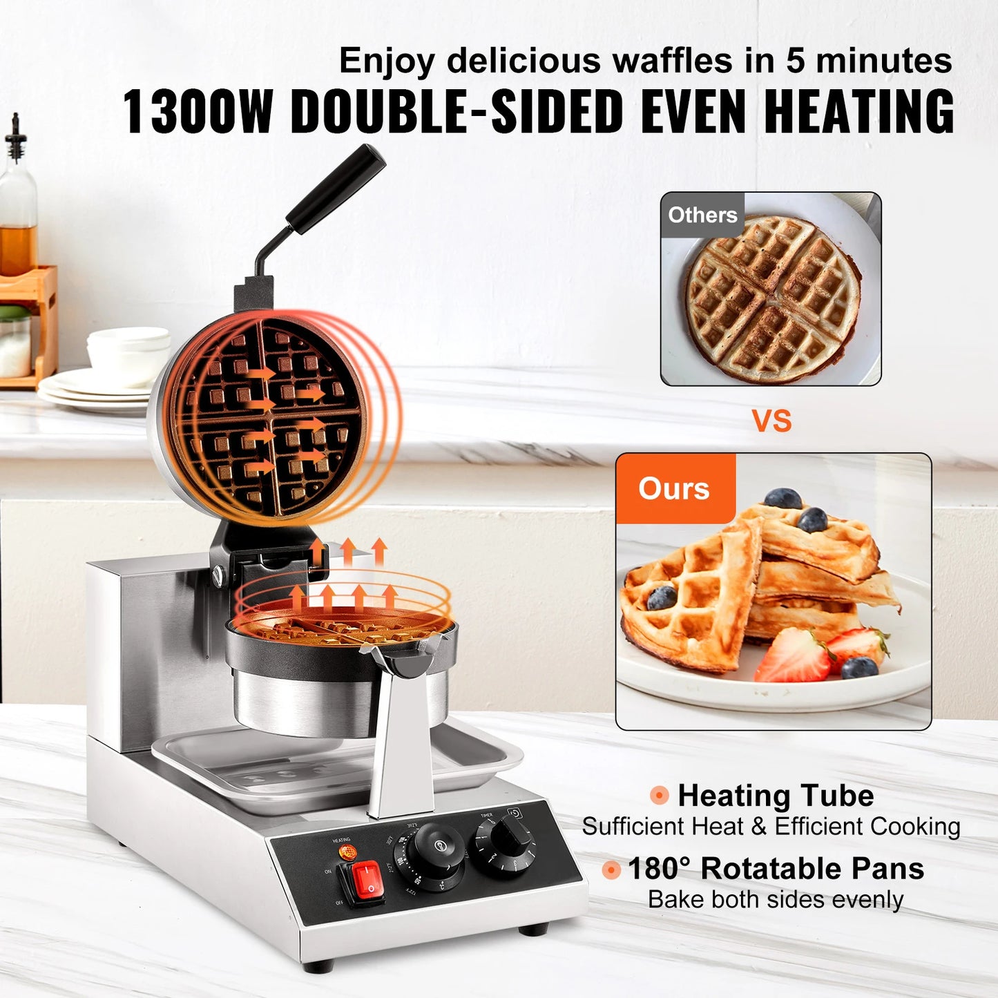 SucceBuy Electric Waffle Maker Stainless Steel Round Waffle Iron Non-Stick Waffle Baker Machine Teflon-Coated Baking Pans